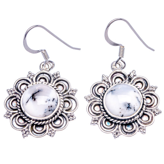 Pair of sterling silver drop earrings with round white dendritic opal cabochons