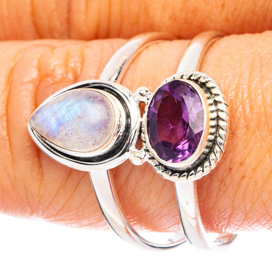Rainbow Moonstone, Amethyst 925 Sterling Silver Ring Size 10 (925 Sterling Silver) R6313