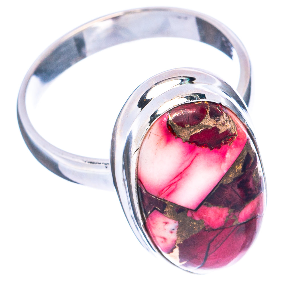 Sterling silver statement ring with oval pink-red cabochon and gold-speckled matrix