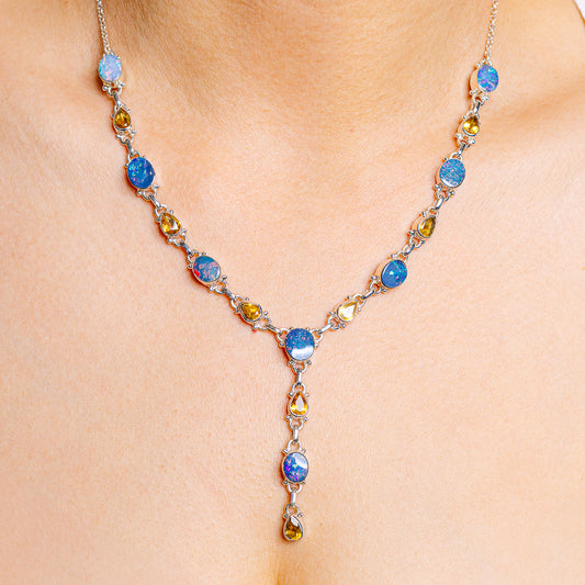925 sterling silver necklace with blue opal and yellow citrine drop stones