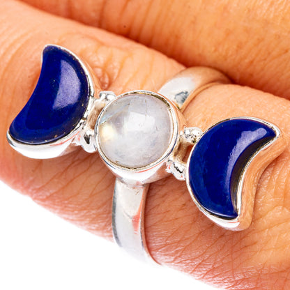 Rainbow Moonstone, Lapis Lazuli Moon Ring Size 8.75 (925 Sterling Silver) R146747