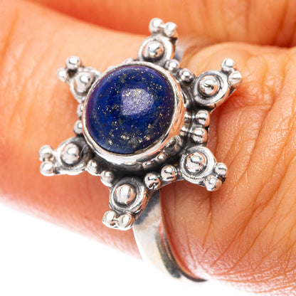 Blue lapis lazuli cabochon flower ring in 925 sterling silver with detailed bead bezel