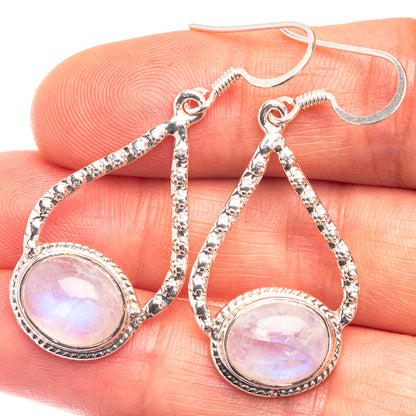 Sterling silver rainbow moonstone drop earrings, round cabochon with textured bezel