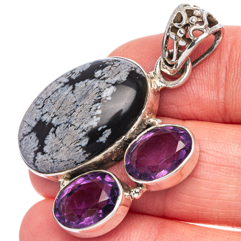 Snowflake Obsidian, Amethyst Pendant 1 5/8" (925 Sterling Silver) P40048