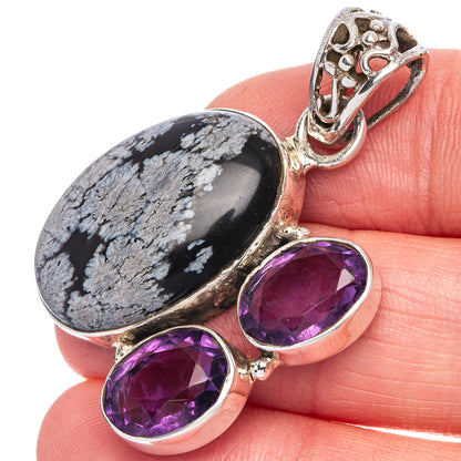 Snowflake Obsidian, Amethyst Pendant 1 5/8" (925 Sterling Silver) P40048
