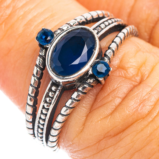 Blue quartz dainty sterling silver ring with oval dark-blue gemstone and small blue accents