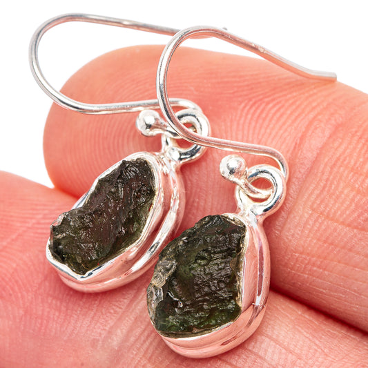 Sterling silver moldavite drop earrings with dark green rough stones and hook backs