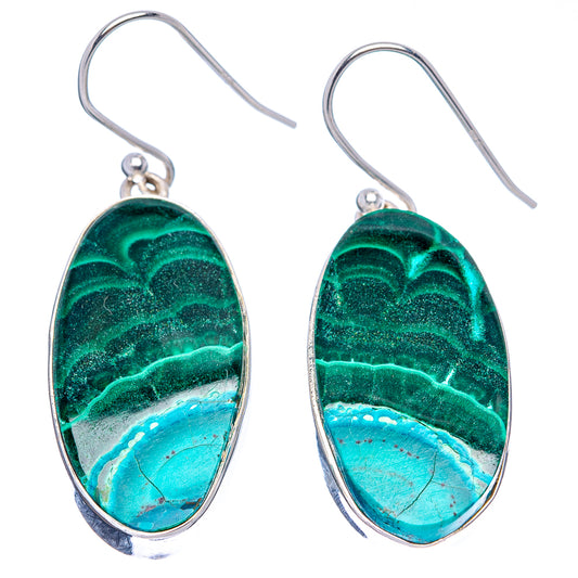 Pair oval blue-green malachite chrysocolla earrings in .925 silver settings