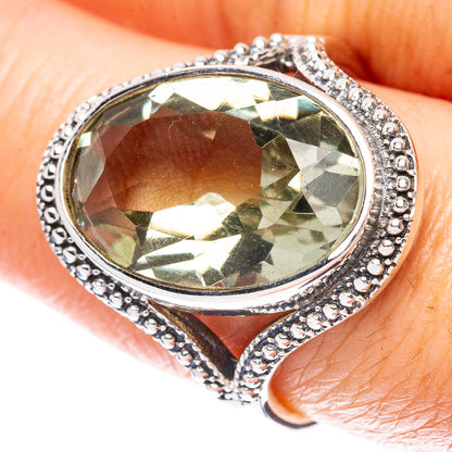 Faceted Green Amethyst Ring Size 8.5 (925 Sterling Silver) R3097