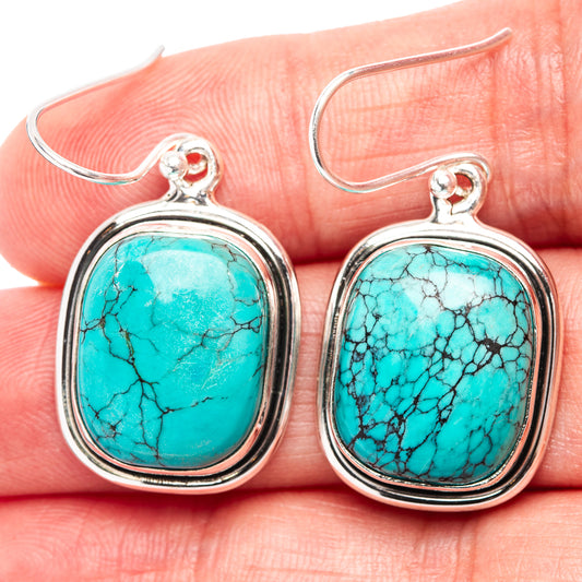 Turquoise gemstone drop earrings in .925 sterling silver, oval cabochons, fishhook backs