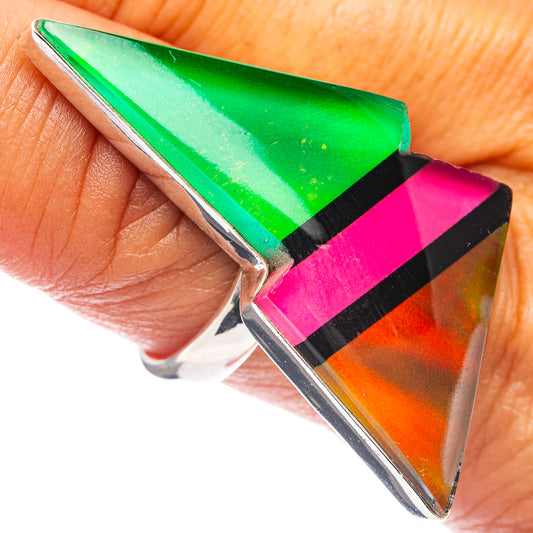 Sterling silver opal bolt ring with green, pink, and orange triangular centerpiece; size 9