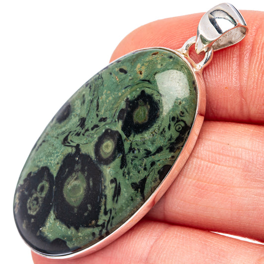 Oval green galaxy jasper pendant in .925 sterling silver bezel with loop bail