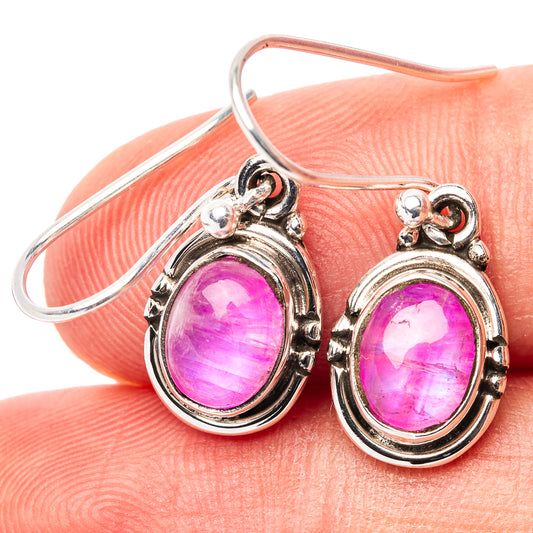 Pink moonstone drop earrings in .925 sterling silver, oval bezel with lever hooks