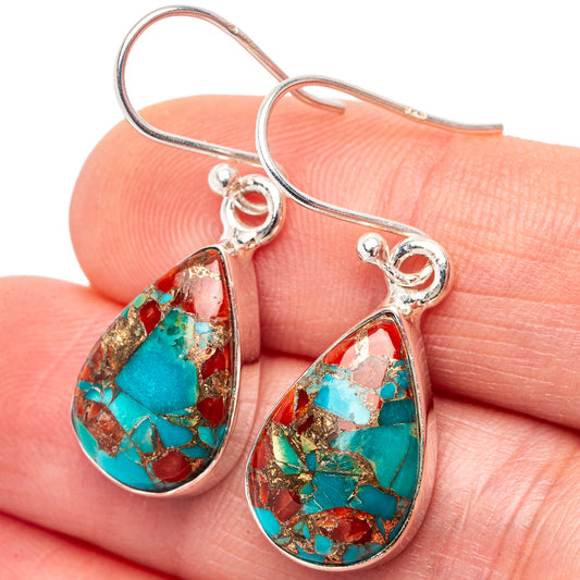 Turquoise and coral matrix teardrop earrings with .925 silver hooks, detailed stone pattern.