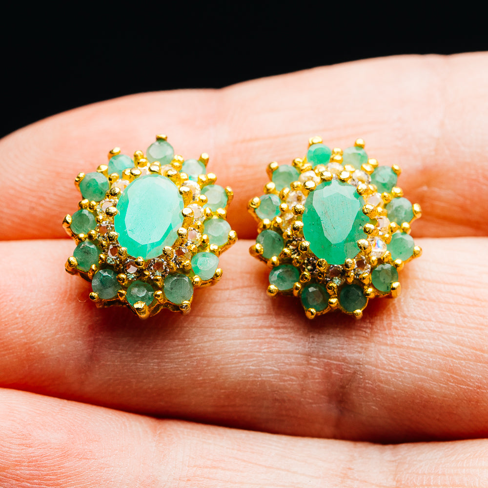 Emerald, White Topaz Floral Cluster Earrings 5/8" (.925 Sterling Silver) 24k Gold Plated