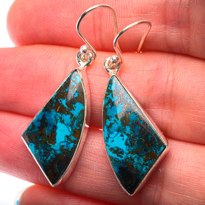 Shattuckite earrings with blue-green teardrop stones in 925 sterling silver hooks
