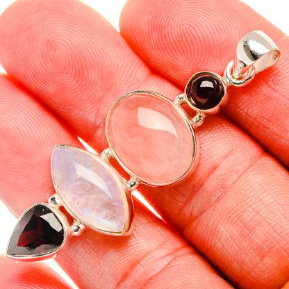 Pink Agate, Rainbow Moonstone, Garnet Pendant 2" (925 Sterling Silver) PD38128