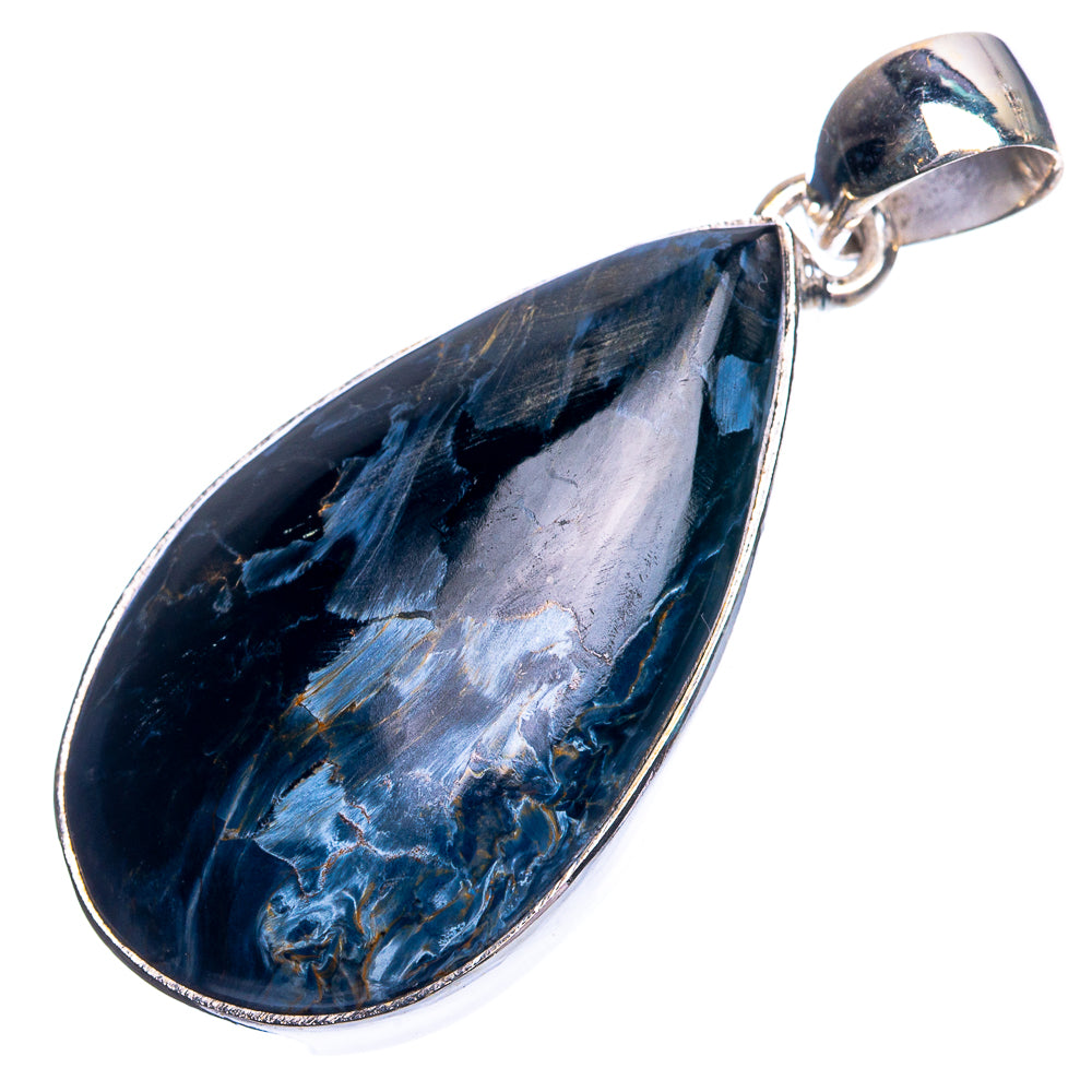 Sterling silver pietersite teardrop pendant with blue-black stone, bail at top