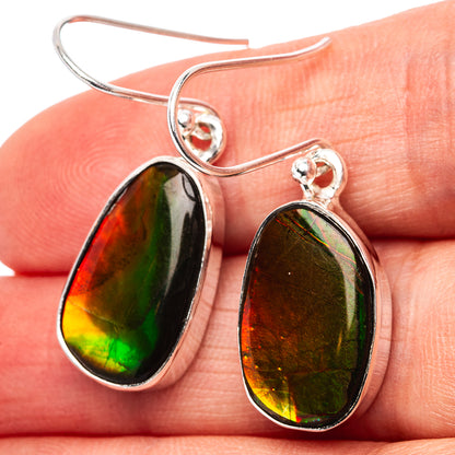 Sterling silver ammolite drop earrings with oval iridescent green-red stone