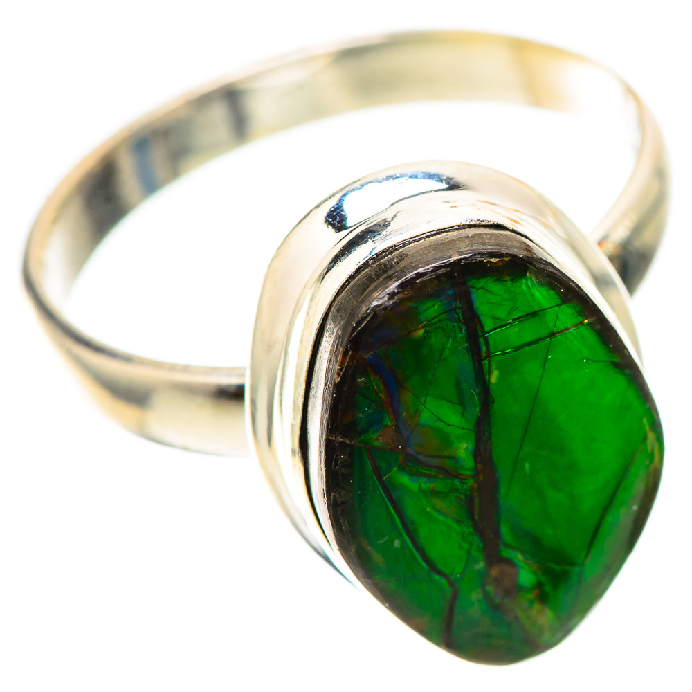 Green oval ammolite cabochon 925 sterling silver ring, size 9.75