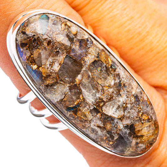 Oval bezel sterling silver matrix ring with iridescent druzy stone center