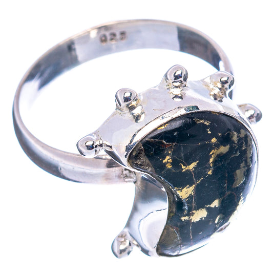 925 sterling silver moon ring, black stone with gold flecks and round prongs.