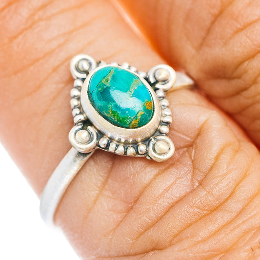 Sterling silver turquoise ring with oval Royston-style stone and beadwork