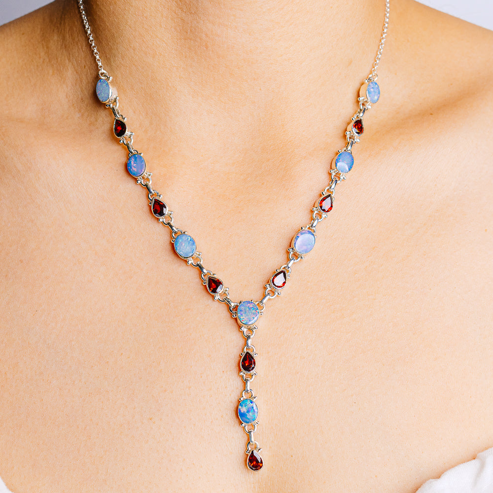 Doublet Opal, Garnet Necklace 18 to 20" (.925 Sterling Silver)