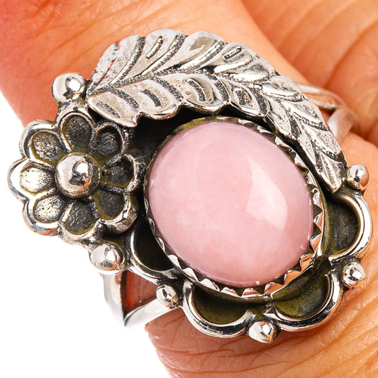 Sterling silver ring with pink opal cabochon and floral leaf filigree, size 6.75