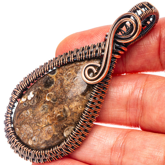 Oxidized copper wire-wrap teardrop pendant with turritella agate stone, spiral frame