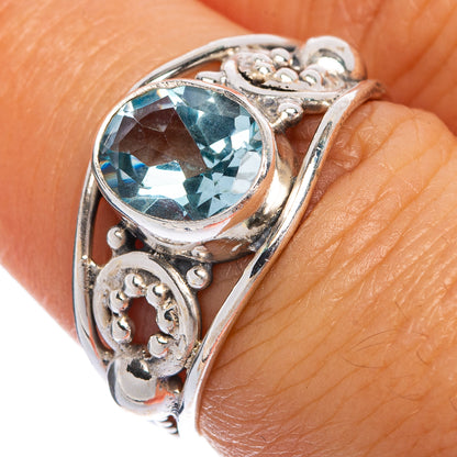 Blue topaz dainty ring, round blue gemstone in ornate 925 sterling silver setting