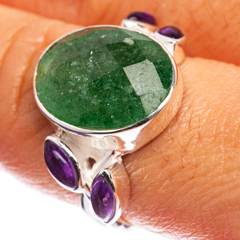 Sterling silver gemstone ring with green oval aventurine and purple amethyst accents