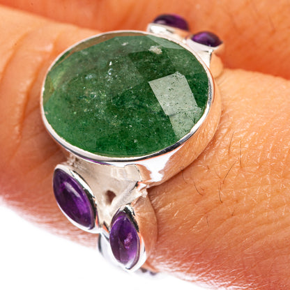 Sterling silver gemstone ring with green oval aventurine and purple amethyst accents