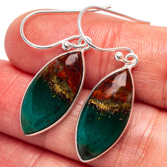 Opalized wood teardrop earrings with .925 sterling silver hooks; green/red inlay