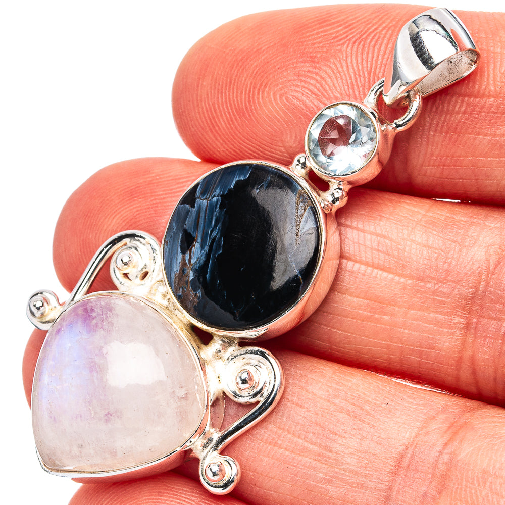 Premium Pietersite, Rainbow Moonstone, Blue Topaz Pendant 2 1/8" (.925 Sterling Silver)