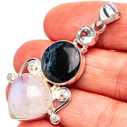 Premium Pietersite, Rainbow Moonstone, Blue Topaz Pendant 2 1/8" (.925 Sterling Silver)