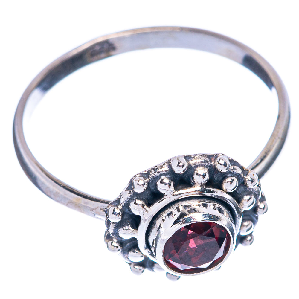 Garnet dainty ring, 925 sterling silver band with bezel-set round red stone