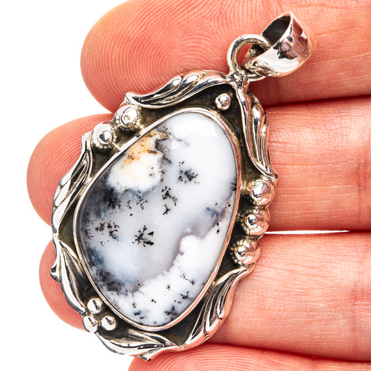 Oval dendritic agate pendant in .925 sterling silver, ornate leaf bezel
