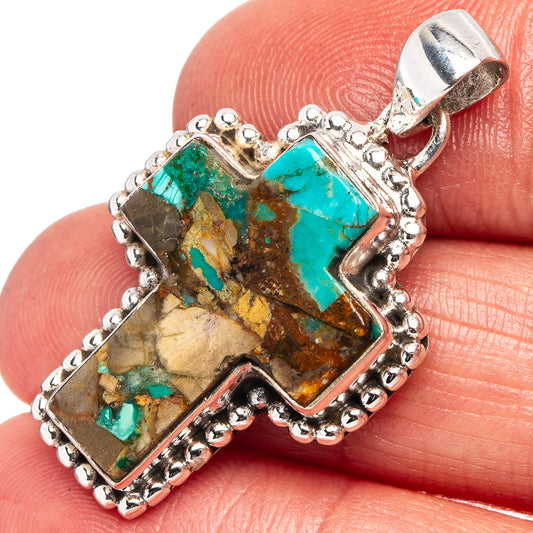 Turquoise and brown matrix rectangular pendant with beaded .925 silver frame