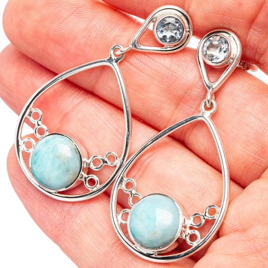 Sterling silver teardrop dangle earrings with blue Larimar oval stones and small round top gems