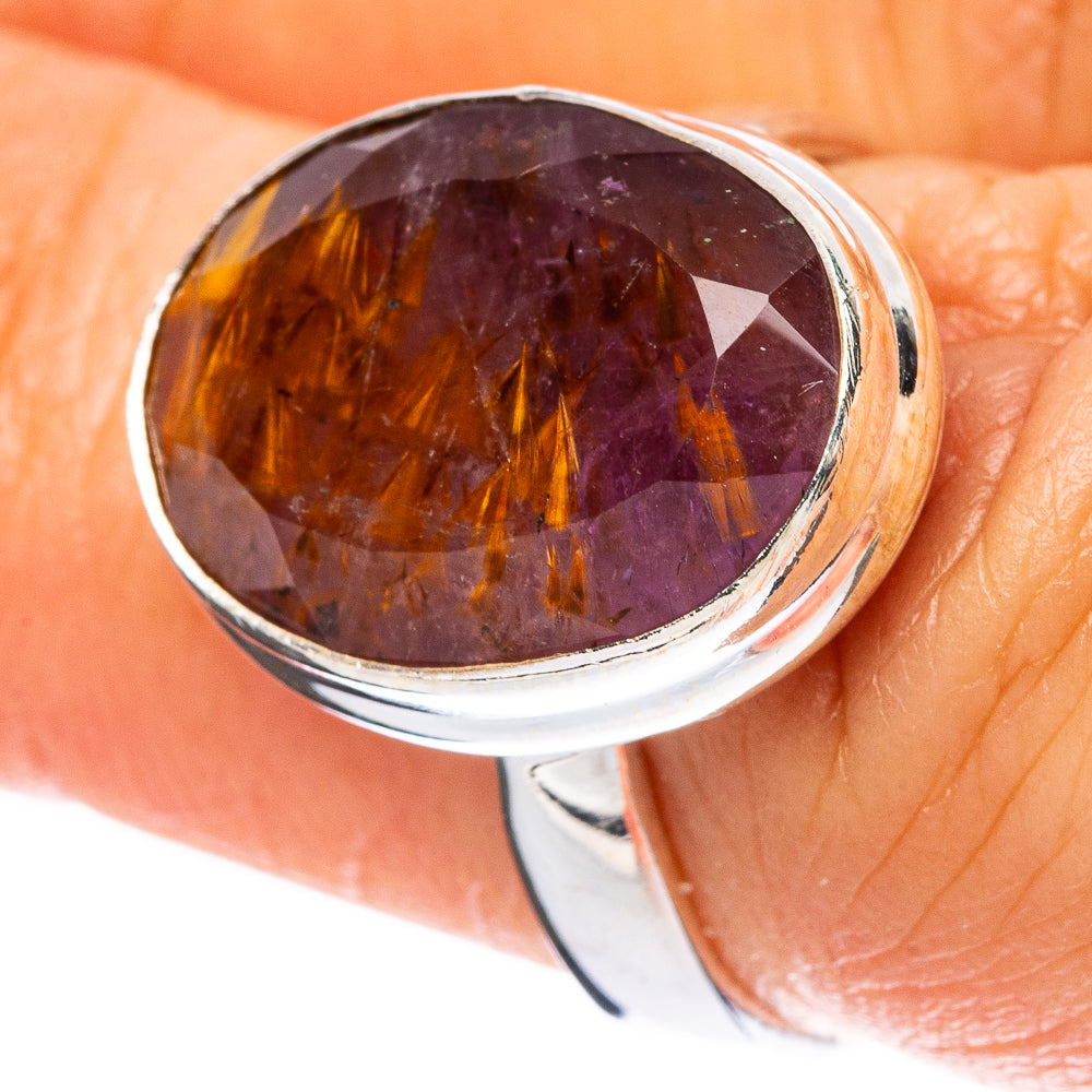 Oval cacoxenite cabochon sterling silver ring, dark purple and amber, size 6.5