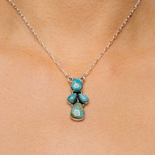 Turquoise pendant necklace with teardrop charm cluster on .925 sterling silver chain