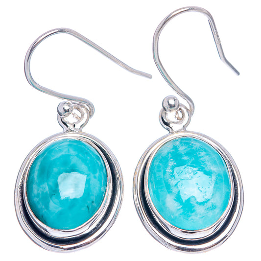Oval turquoise-blue Larimar cabochon drop earrings, .925 sterling silver hoop hooks