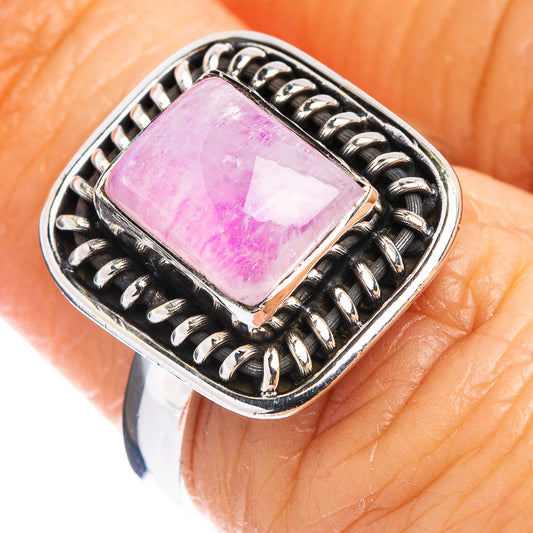 Pink moonstone ring with square pink gemstone and sterling silver ornate bezel