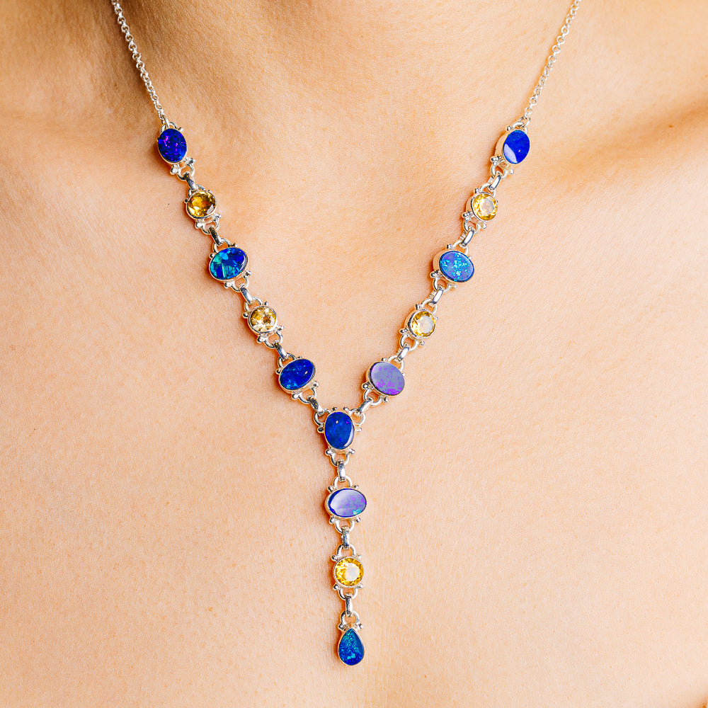 Doublet Opal, Citrine Necklace 18 to 20" (.925 Sterling Silver)