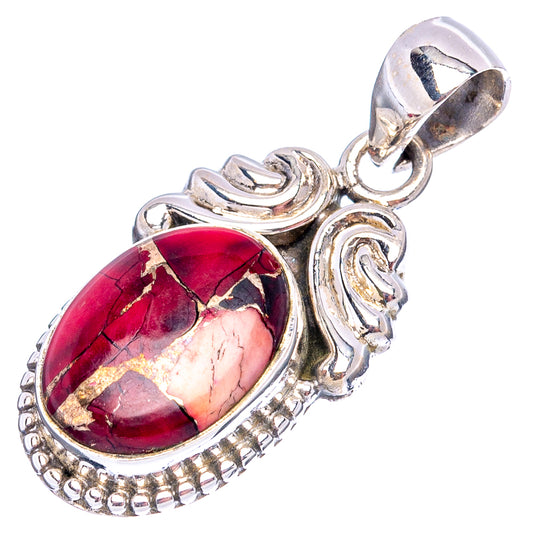 Oval red stone cabochon sterling silver pendant with raised prong bezel and decorative edging