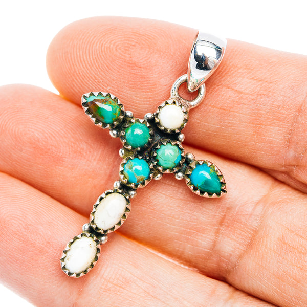 Southwestern Style Mohave Turquoise Cross, White Buffalo Turquoise Pendant 1 5/8" (.925 Sterling Silver)