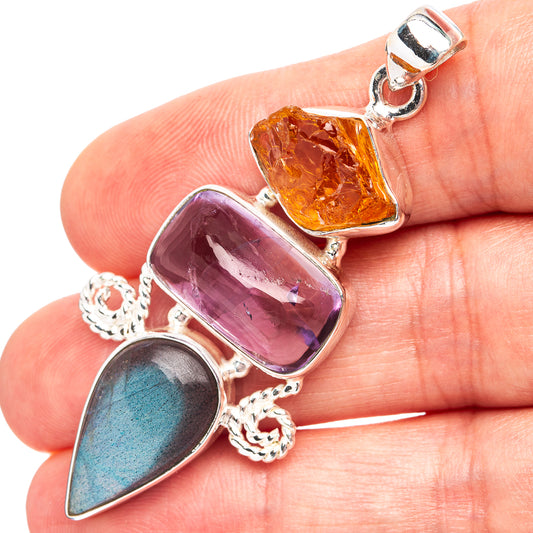 Premium Amethyst, Labradorite, Citrine 3-Stone Pendant 2 1/8" (.925 Sterling Silver)