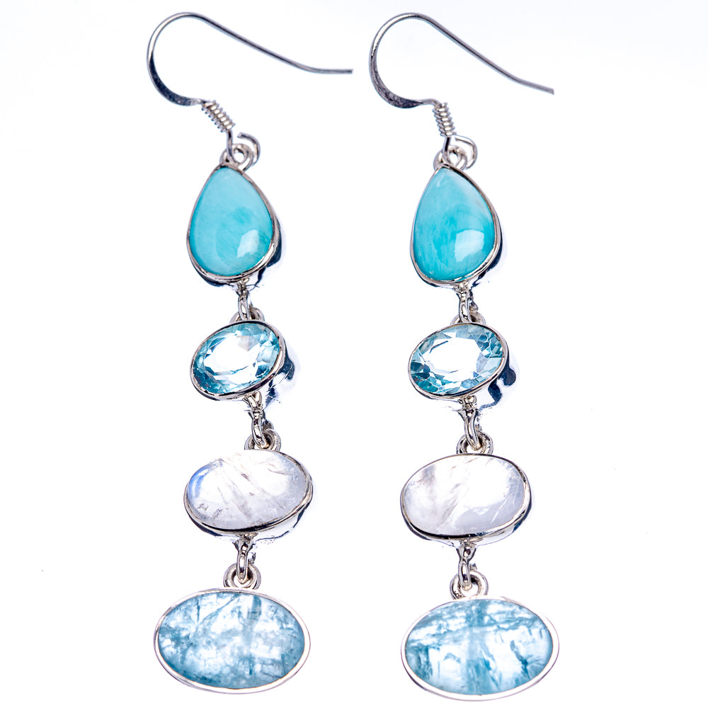 Signature Larimar, Blue Topaz, Rainbow Moonstone Earrings 1 7/8" (.925 Sterling Silver)
