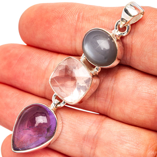 .925 sterling silver gemstone pendant with three teardrop stones: purple, pink, and gray